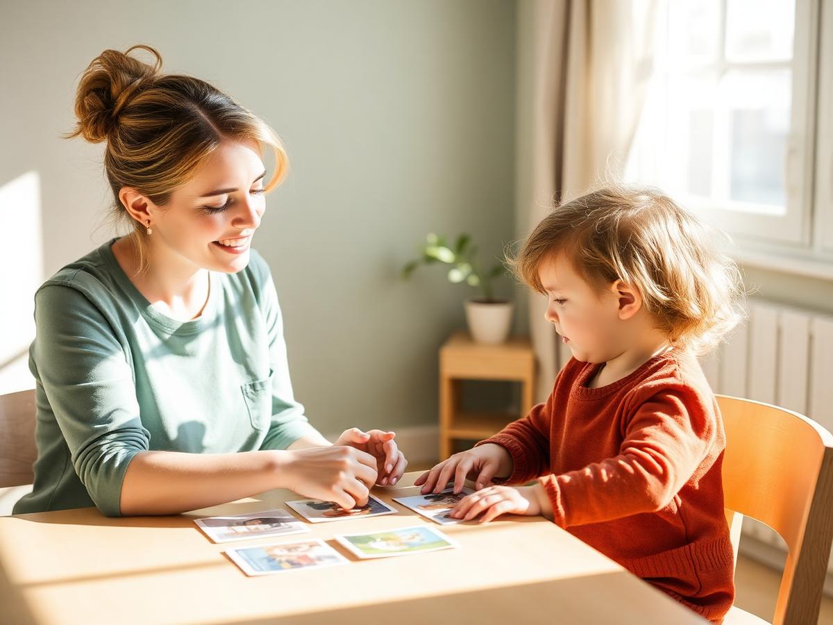 Speech therapist using picture cards with a young child during an early intervention session